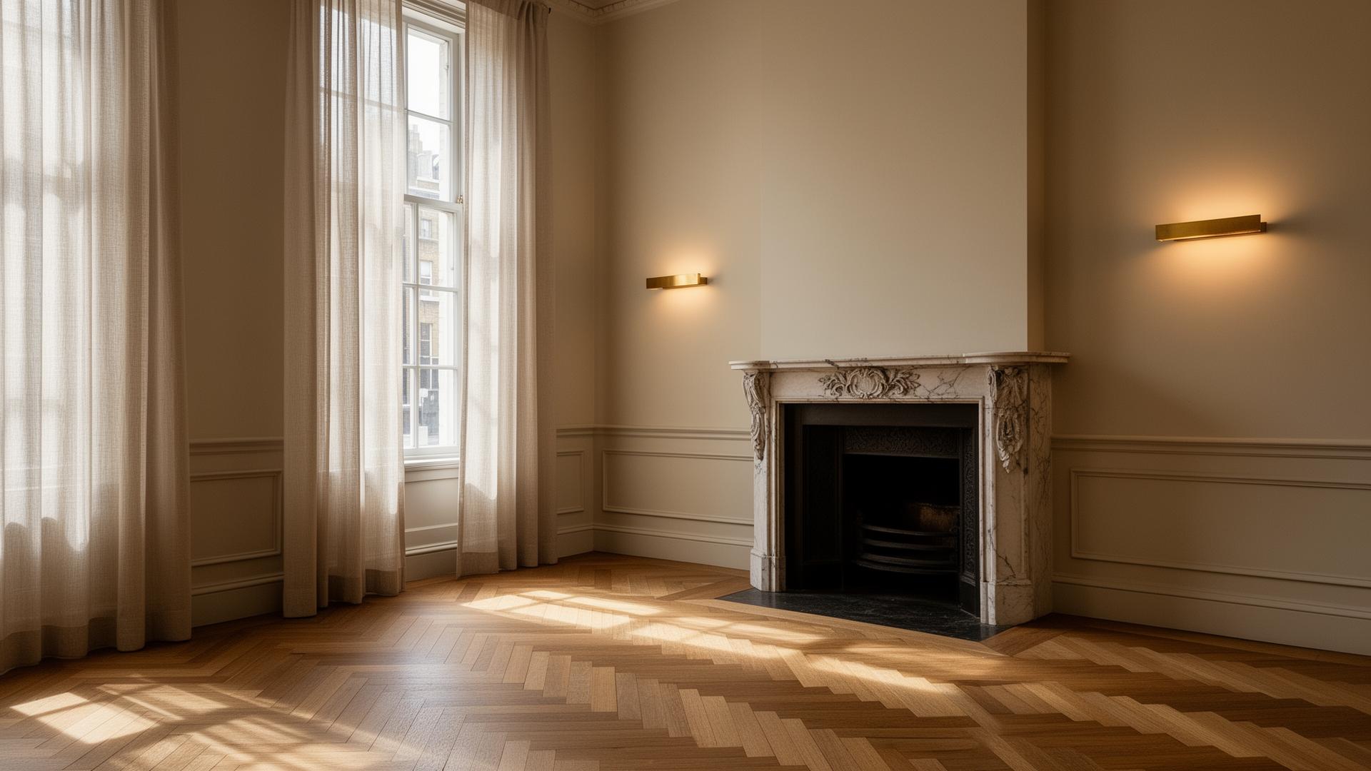 Refined London interior with parquet floor and marble fireplace